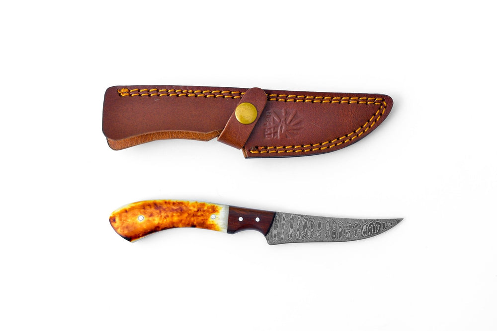 Damascus Fillet Knife – Engraved Burnt Bone & Walnut Handle