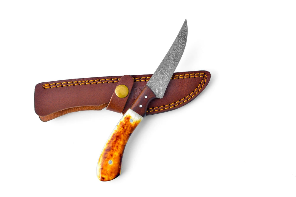 Damascus Fillet Knife – Engraved Burnt Bone & Walnut Handle