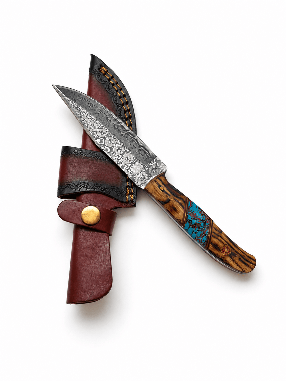 Damascus Knife – Engraved Turquoise Inlay with Leather Sheath