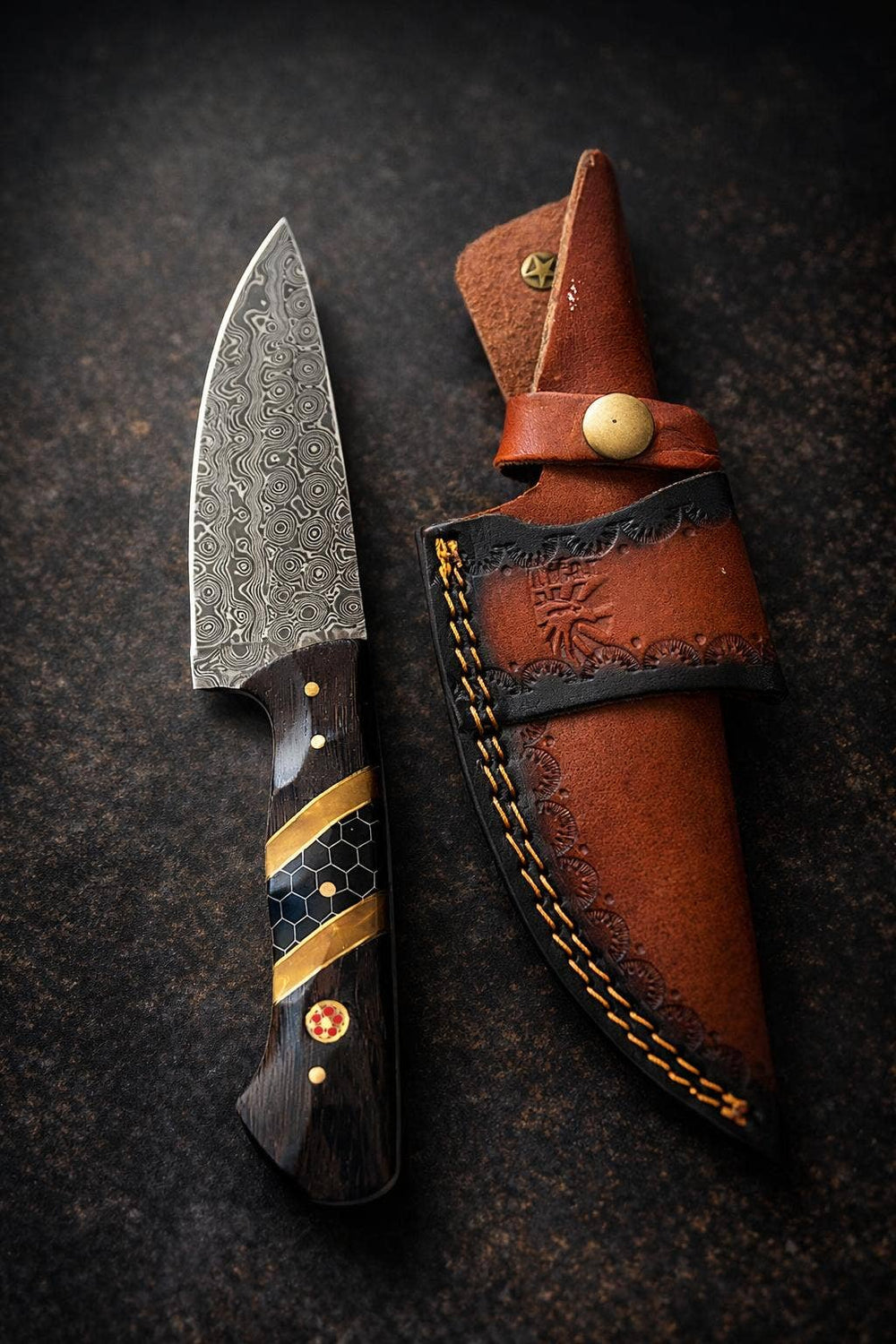 Damascus Chef Knife – Engraved Diamondwood & Resin Handle
