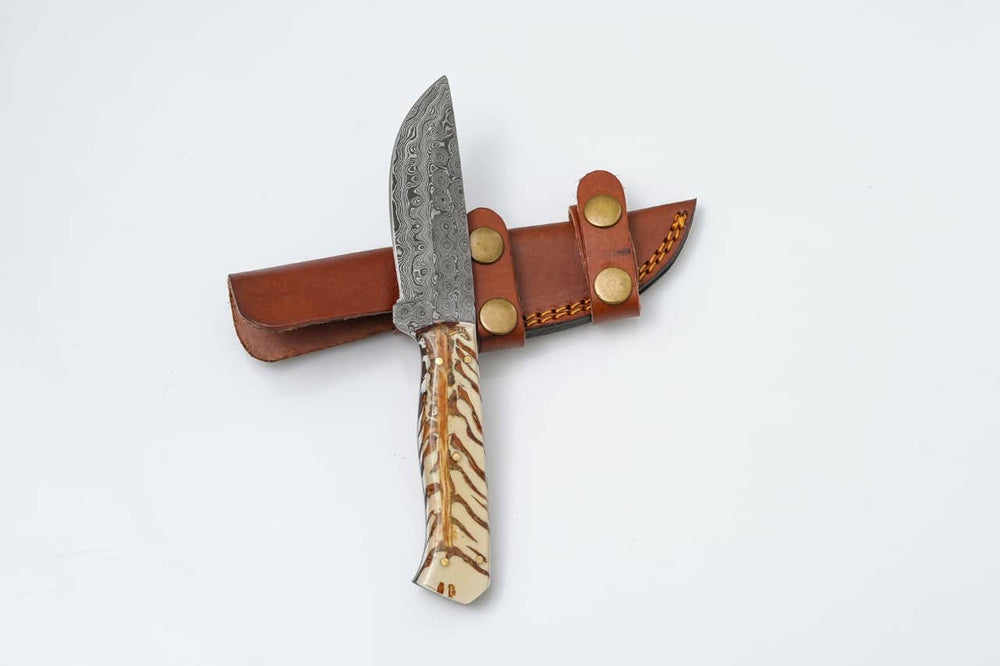 Damascus Camel Bone Knife – Engraved Collectible with Sheath