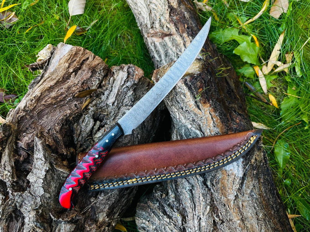 Damascus Fillet Knife – Engraved Diamond Wood Handle, 6.2 in