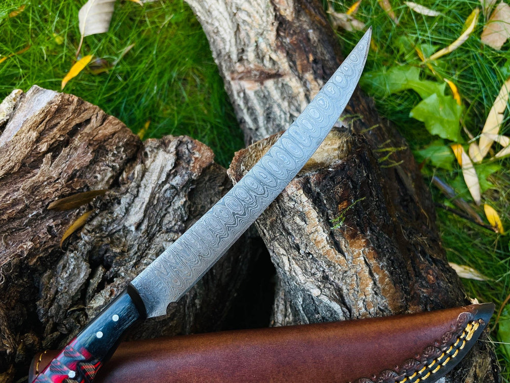 Damascus Fillet Knife – Engraved Diamond Wood Handle, 6.2 in