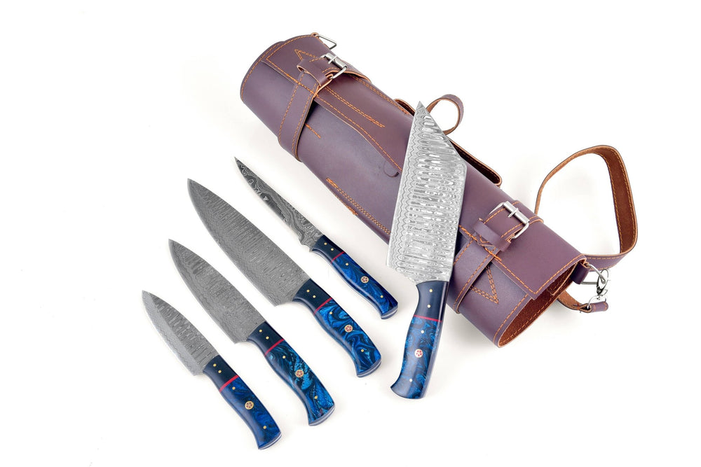 Damascus Knife Set – 5-Piece Engraved, Blue Marble Handles