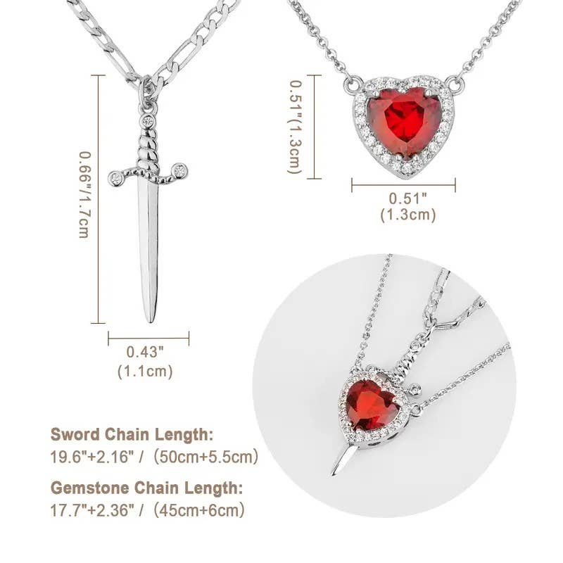 Heart & Dagger Layered Necklace Set – Gold and Red Two-Chain Gothic Pendant