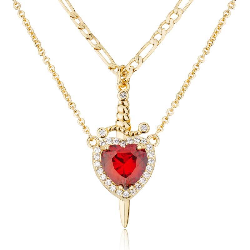 Heart & Dagger Layered Necklace Set – Gold and Red Two-Chain Gothic Pendant
