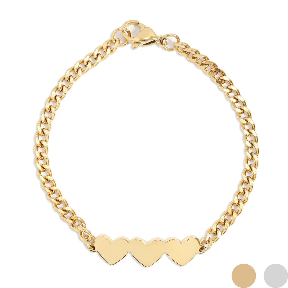 Engravable Curb Chain Bracelet – 18K Gold PVD, 3 Hearts
