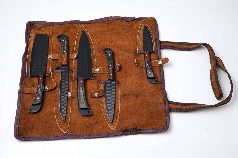 Engraved Chef Knife Set – 5-Piece Hand-Forged with Leather Roll