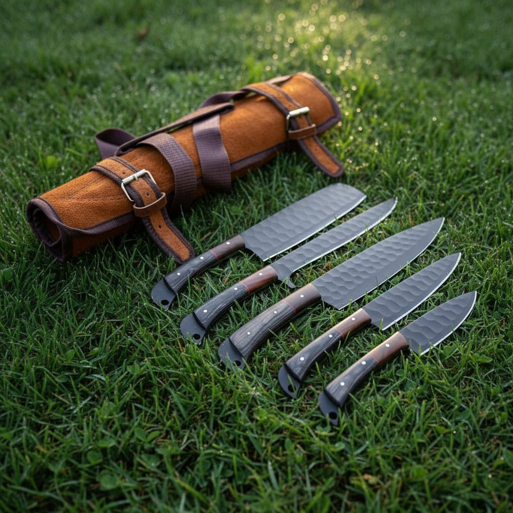 Engraved Chef Knife Set – 5-Piece Hand-Forged with Leather Roll