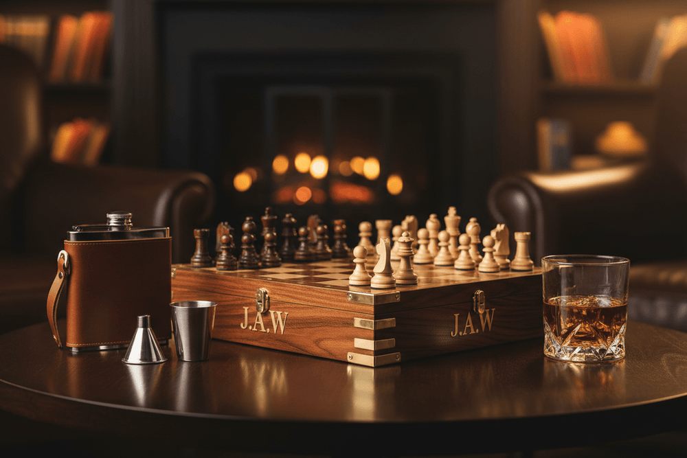Personalized wooden chess and flask gift set in a warm interior