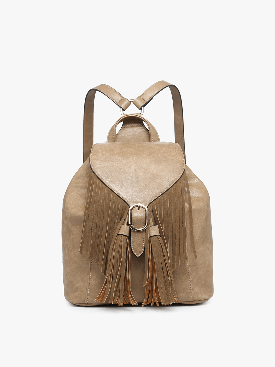 Engraved Fringe Bucket Backpack – Distressed Vegan Leather