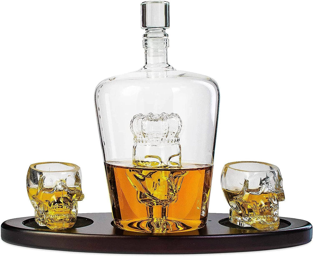 Skull Crystal Decanter Set – Engraved 750ml with Mahogany Base